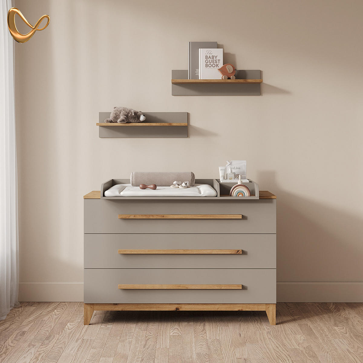 WICKELKOMMODE Mailo Cashmere/Artisan XL mit 3 Schubladen - Kaschmir/Eiche Artisan, Holzwerkstoff (133/98/70cm) - Livinity®