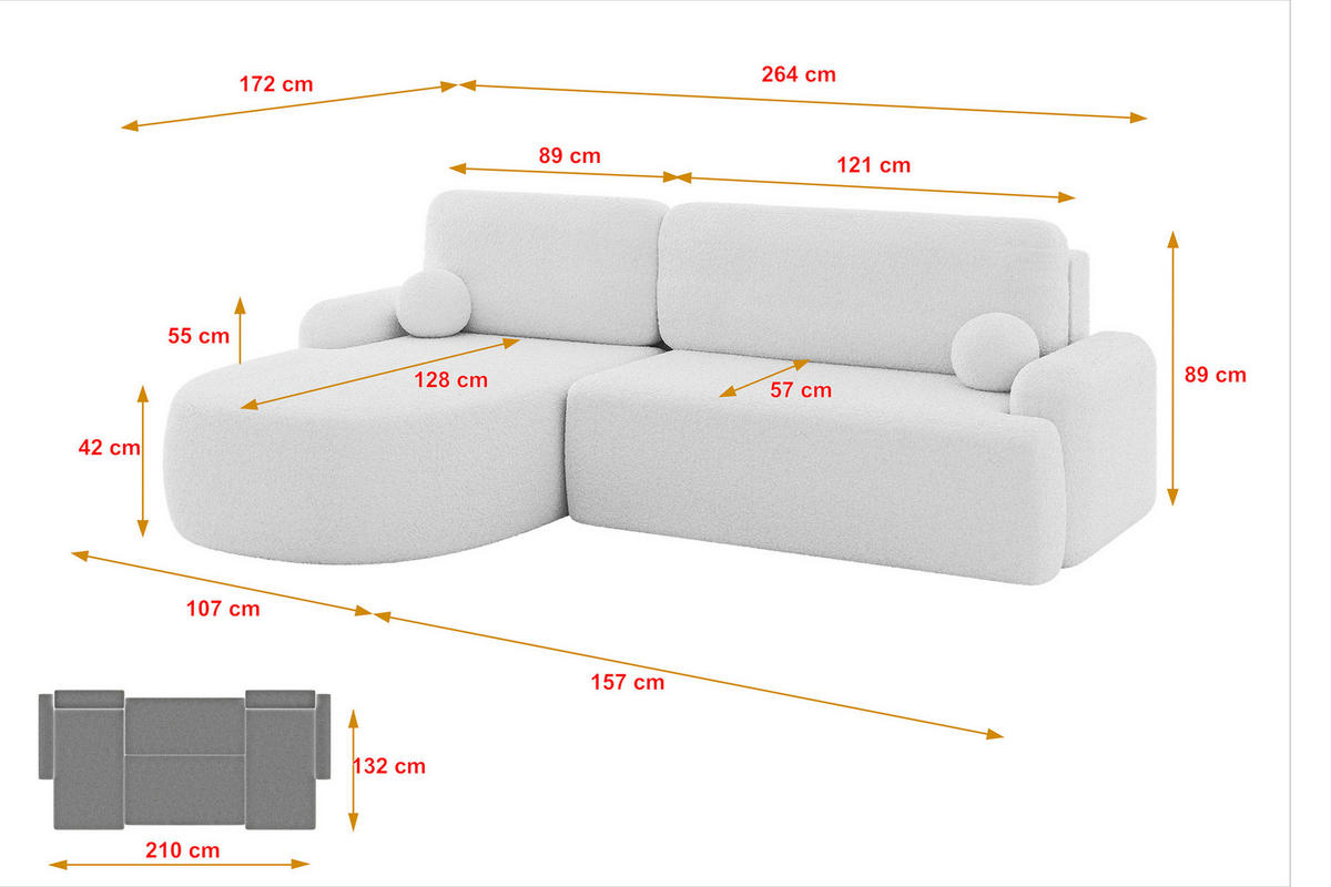 ECKSOFA mit Schlaffunktion und Bettkasten LIRA-L - 264x172x89 Weiß - Weiß, Holzwerkstoff/Textil (264/172cm) - ALTDECOR