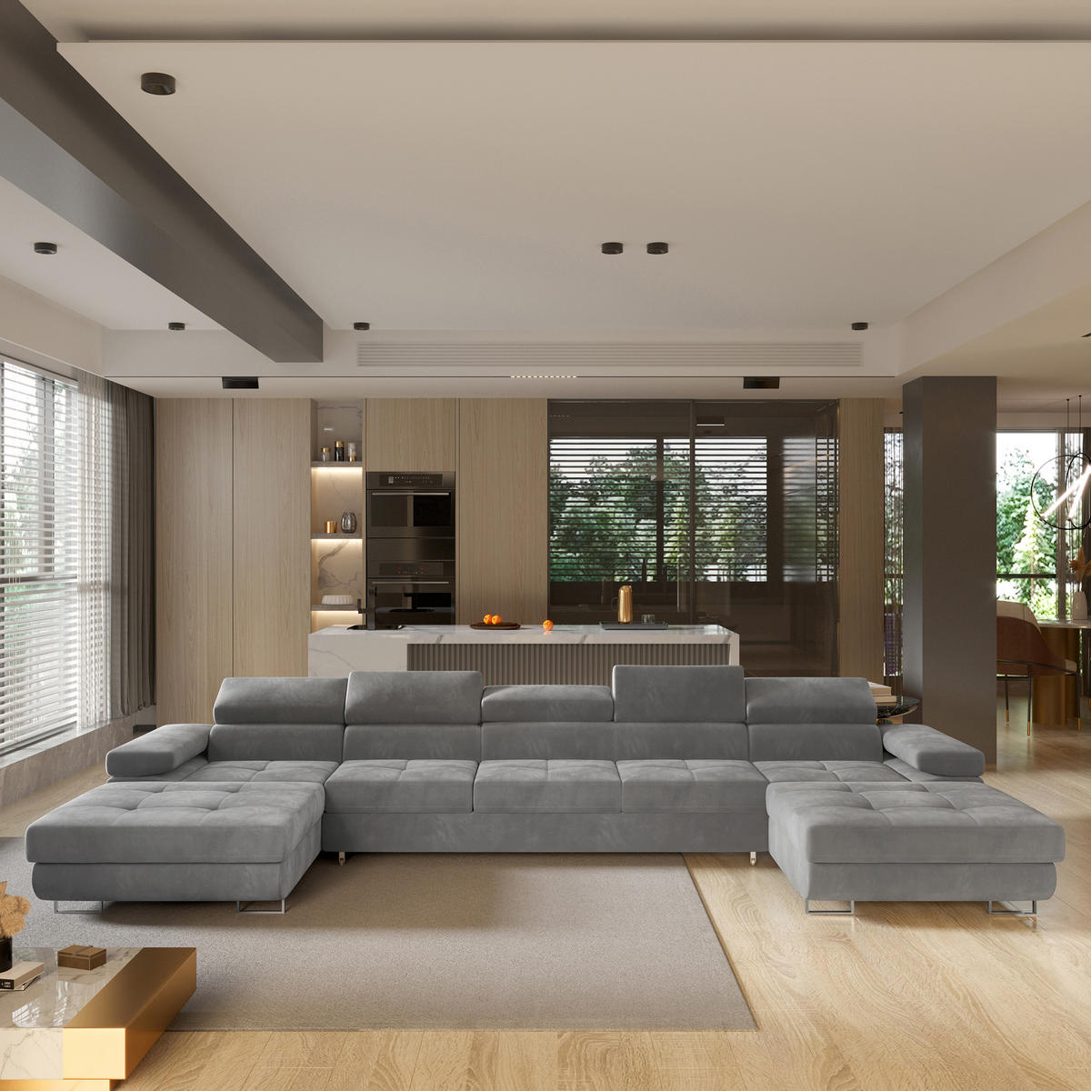 ROHOVÁ SEDAČKA OMBRA šedá - šedá/stříbrná, kov/dřevo (425/202cm) - MASSENO