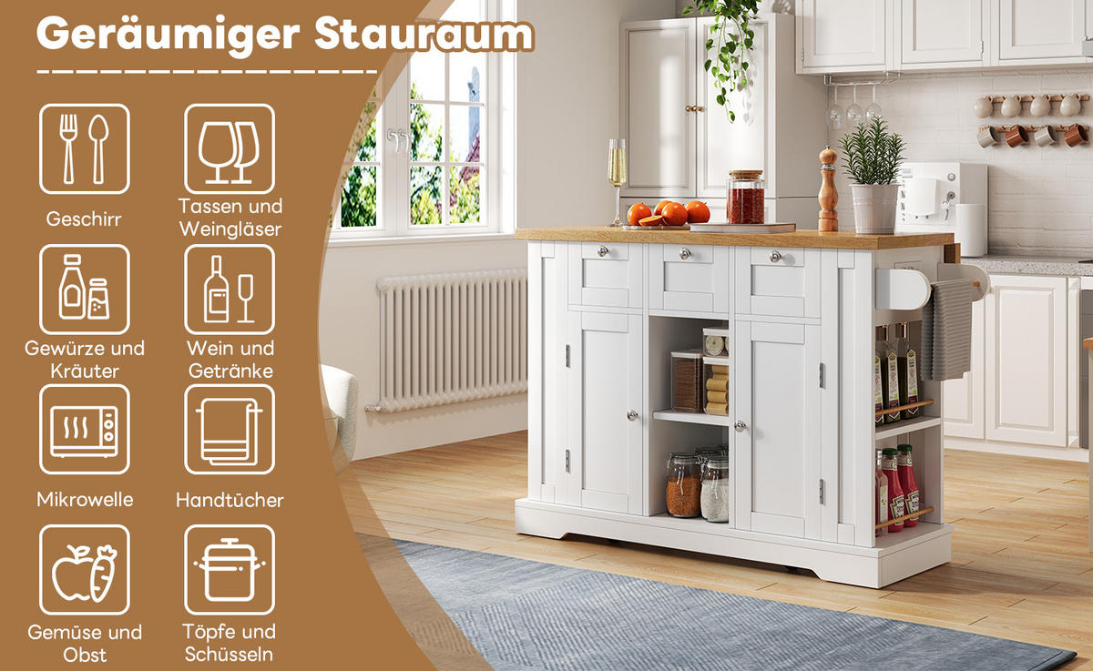 KÜCHENINSEL 132/87/40(70) cm Weiß/Natur aus MDF mit klappbarer Arbeitsplatte - Weiß, Holzwerkstoff (70/87/132cm) - OKMYHOME