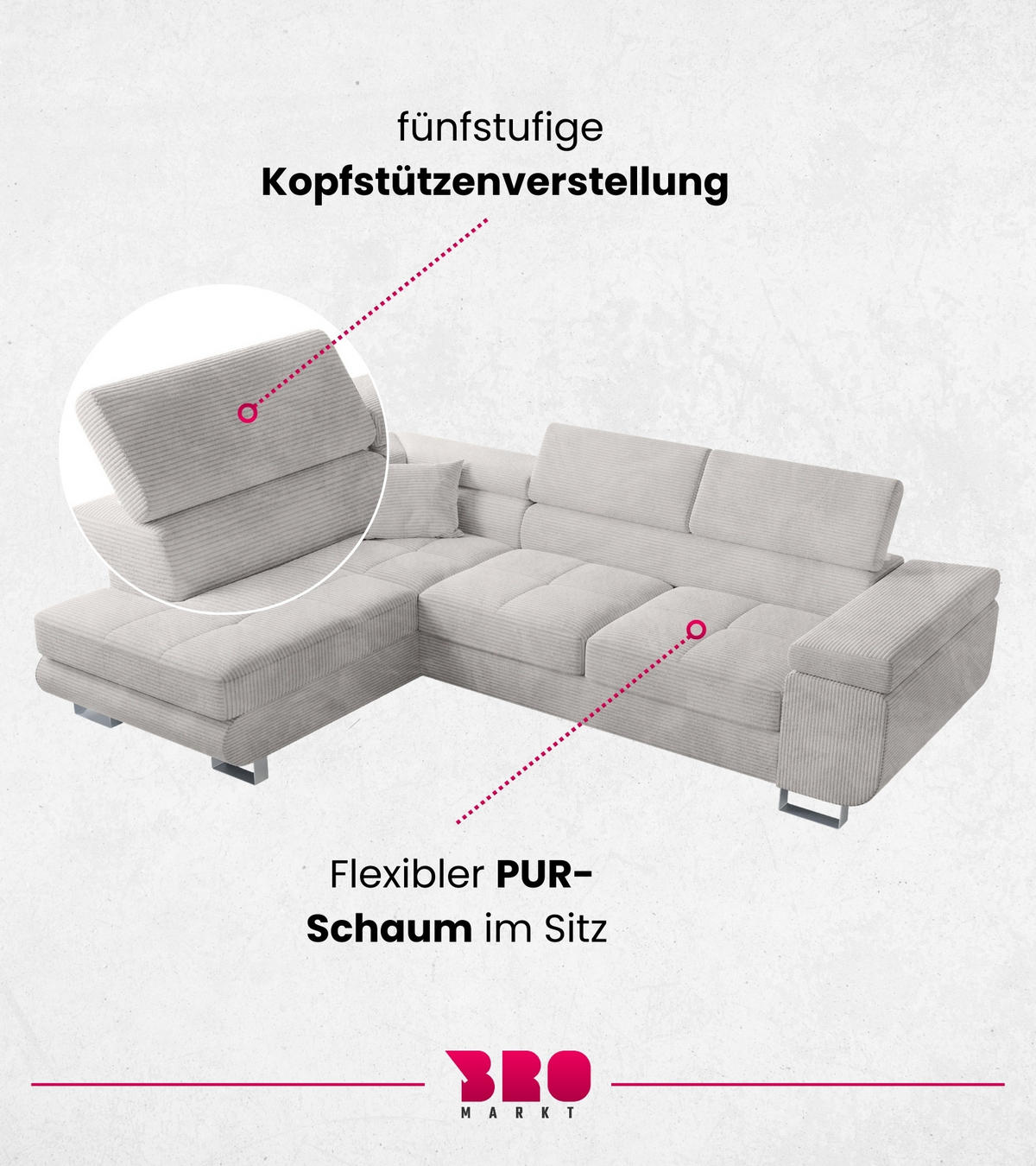 ECKSOFA Anton mit Schlaffunktion Weiß Cord - Silberfarben/Weiß, Textil/Metall (142/275cm) - Bromarkt