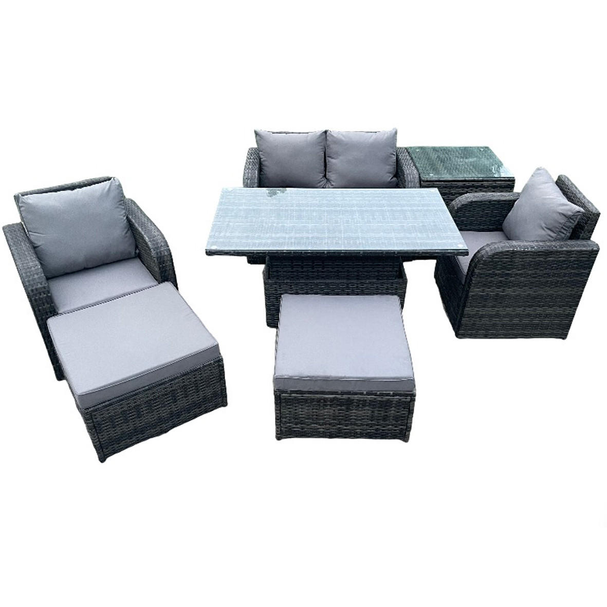 GARTENSET Polyrattan 6-Sitzer - Dunkelgrau/Grau, Glas/Kunststoff - Fimous