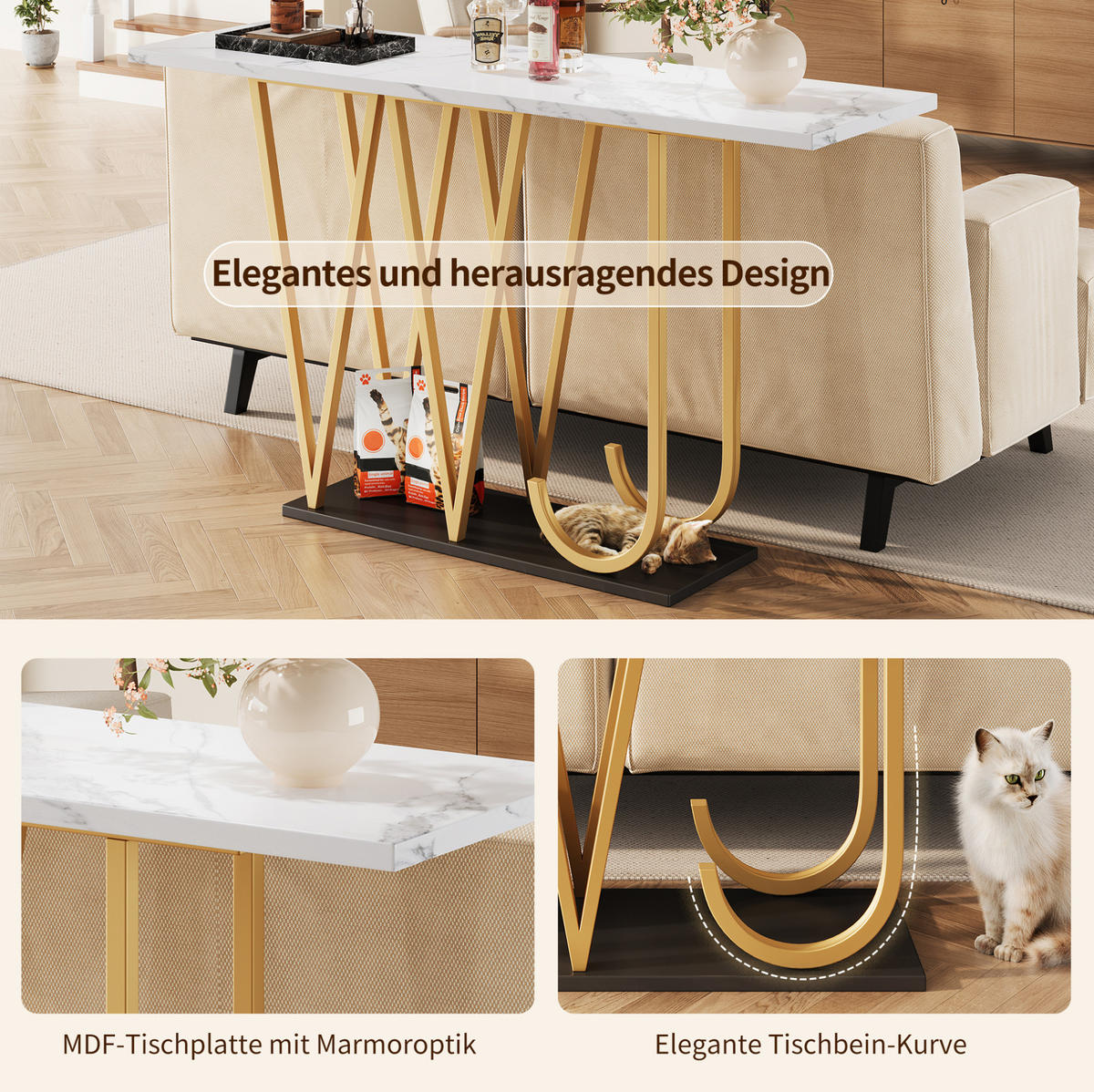 KONSOLENTISCH 120/29,5/80 cm Weiß Marmoroptik mit Stauraum aus MDF Metall - Weiß, Holzwerkstoff (120/29.5/80cm) - OKWISH
