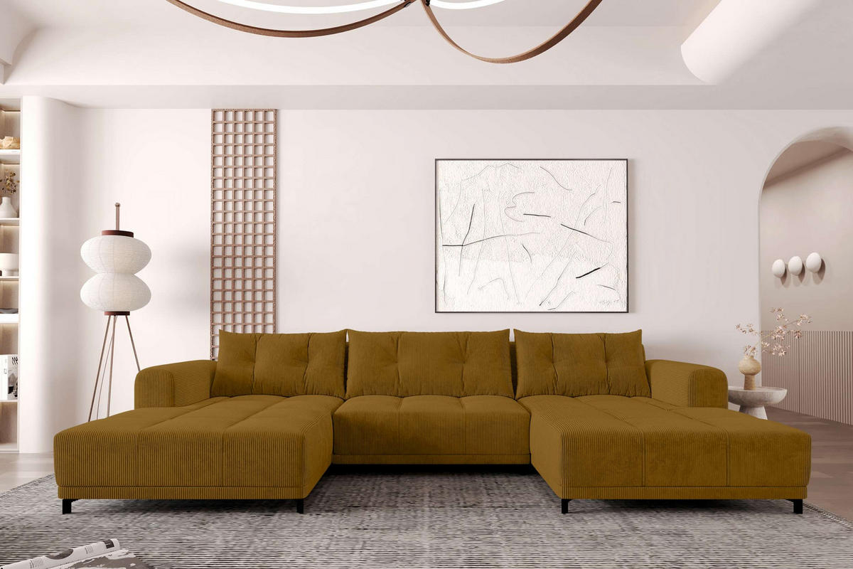 WOHNLANDSCHAFT Massimo Cordstoff Goldfarben inkl. Schlaffunktion - Goldfarben/Schwarz, Textil/Metall (356/94/181cm) - 99rooms