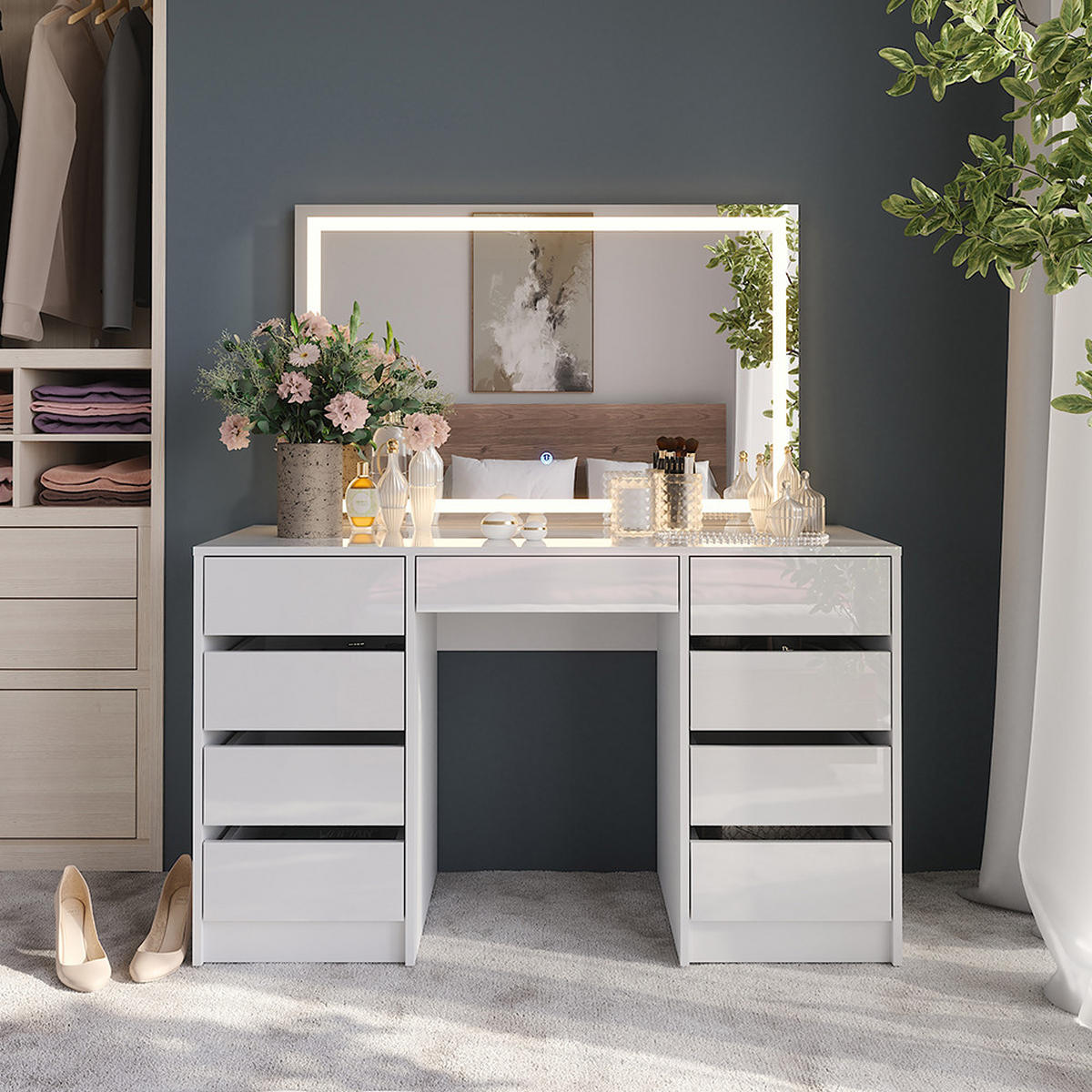 SCHMINKTISCH Sherry Weiß/Weiß Hochglanz 128.2 cm mit LED-Spiegel - Weiß Hochglanz, Holzwerkstoff (128.2/76/50.1cm) - Vicco