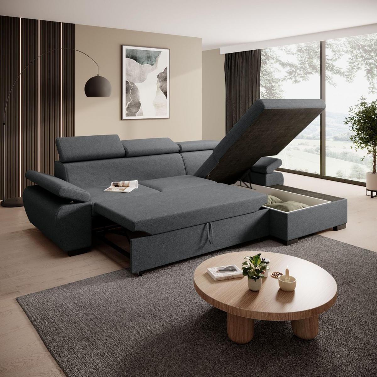 ECKSCHLAFSOFA Coco mit verstellbare Kopfstützen, dunkelgrau, rechts - Dunkelgrau, Textil (273/191cm) - Beautysofa