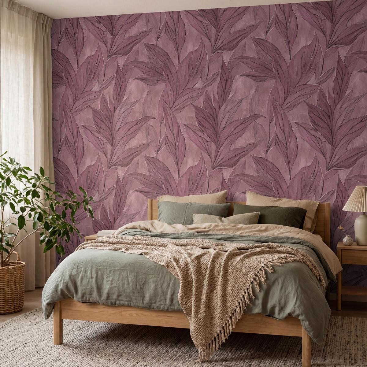 TAPETE - Blätter - Muster - Lila - 350x280 cm - Altrosa, Papier (350/280cm) - OnlyWow