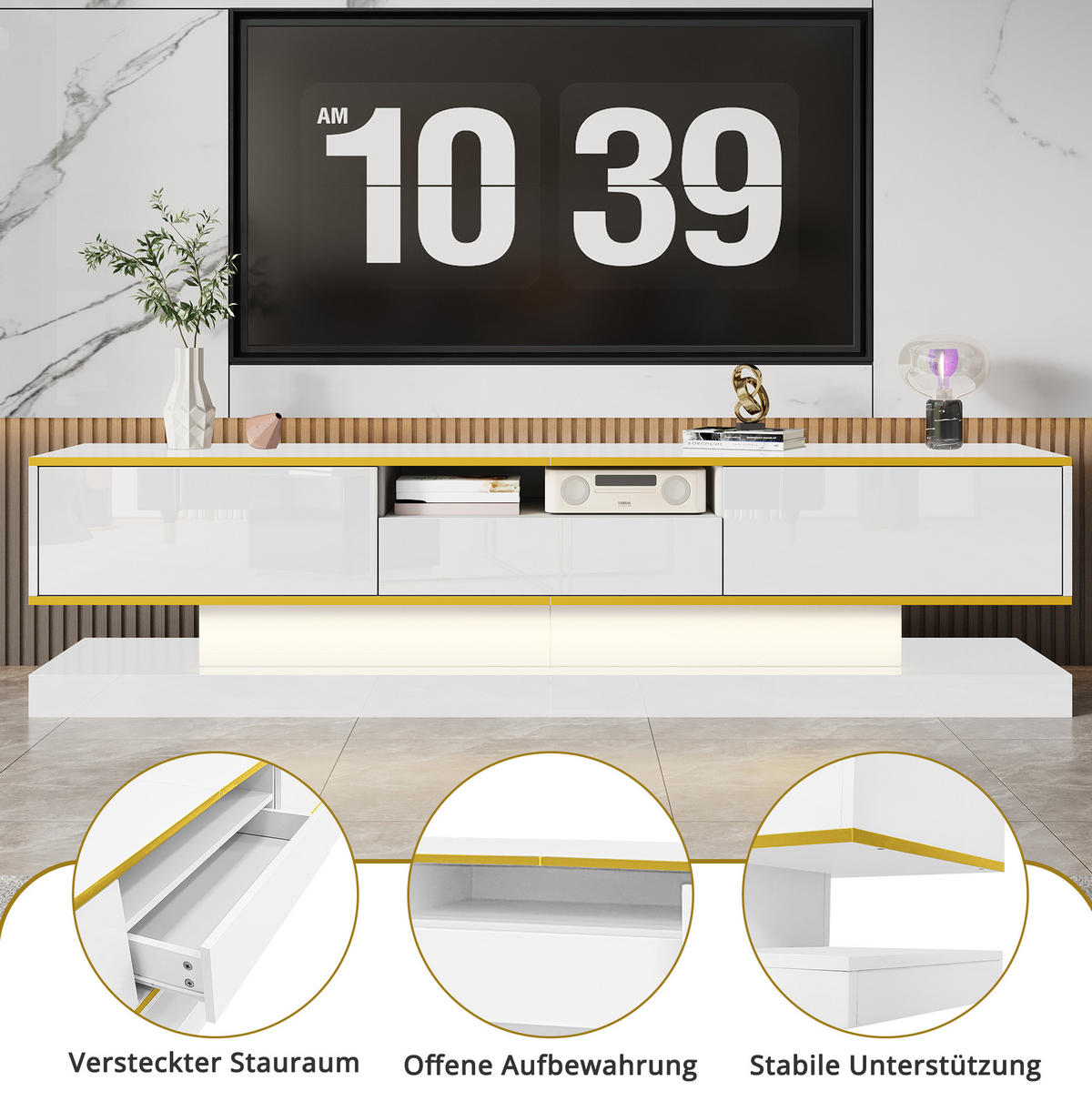 TV stolek 180/38/45 cm bílý se zlatými detaily z dřevotřískové desky s LED osvětlením a třemi zásuvkami - bílá, kompozitní dřevo (180/45/38cm) - OKWISH