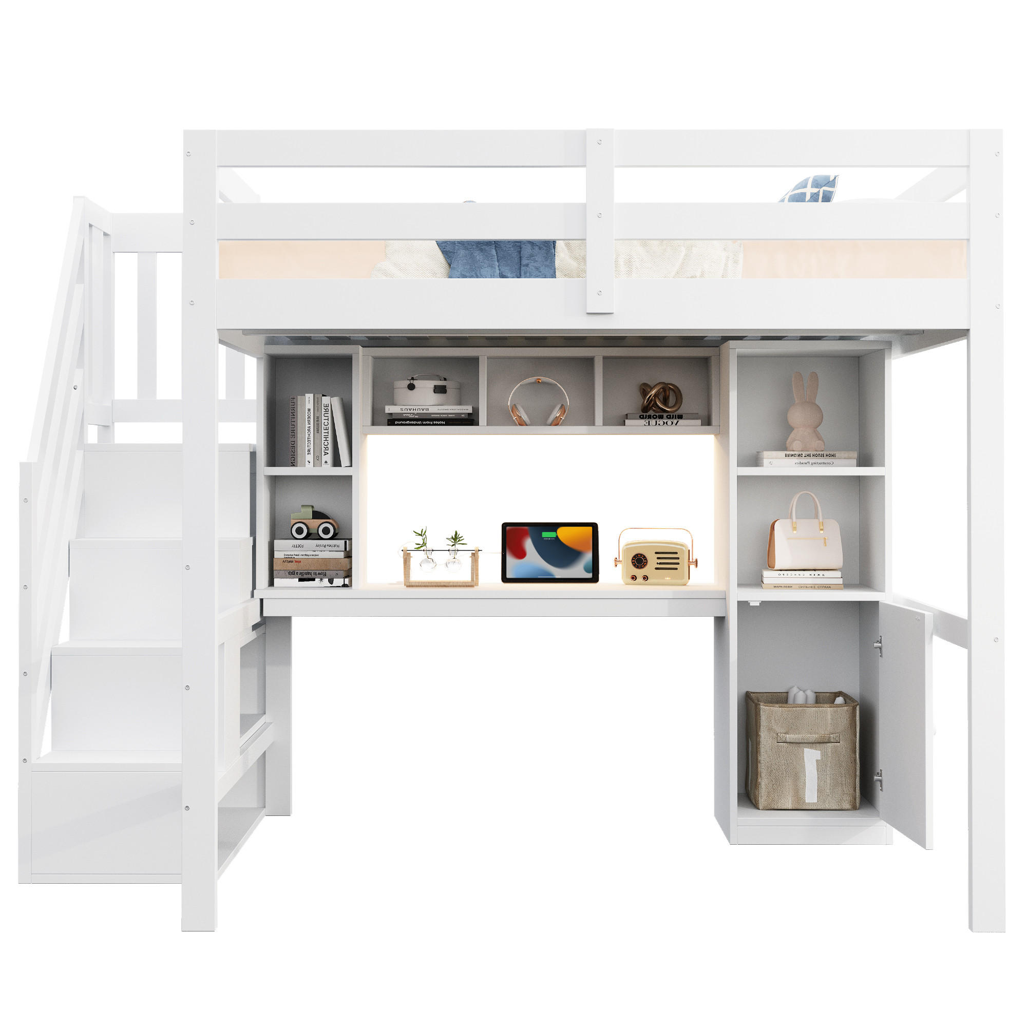 HOCHBETT 140/200 cm in Weiß mit Treppe, Schreibtisch, Regalen, Schränken, LED und Steckdosen aus Holz - Weiß, Holzwerkstoff - STILVORA