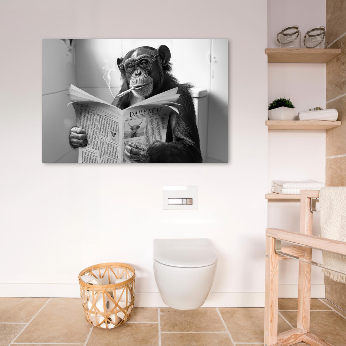 LEINWANDBILD Affe - WC - Zeitung - Schwarz-Weiß - Humor Wohnzimmer 120x80 cm - Hellgrau, Textil (120/80cm) - MuchoWow