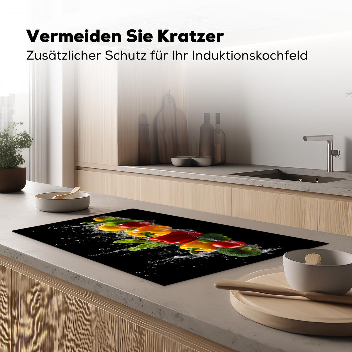 HERDABDECKPLATTE Paprika - Wasser - Gemüse - Schwarz Induktionsmatte 83x51 cm - Multicolor, Kunststoff (83/51.5/0.2cm) - MuchoWow
