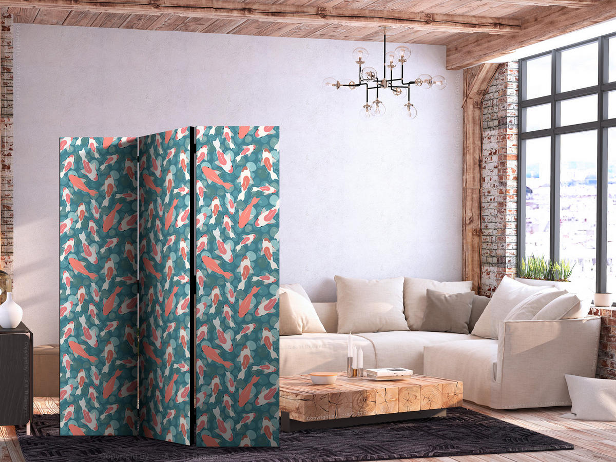 PARAVENT Beidseitig Bedruckter 3-tlg 135x172 cm bunte Fische - Multicolor, Holz/Textil (135/172/3cm) - Muralo