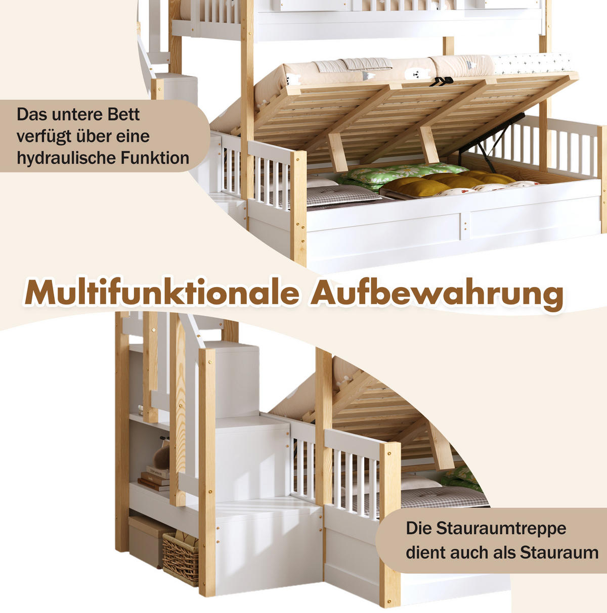 ETAGENBETT 90/200 + 140/200 cm mit hydraulischem Stauraum, LED und Stauraumtreppe aus Kiefernholz, Weiß - Weiß, Holzwerkstoff (90/200cm) - Redom