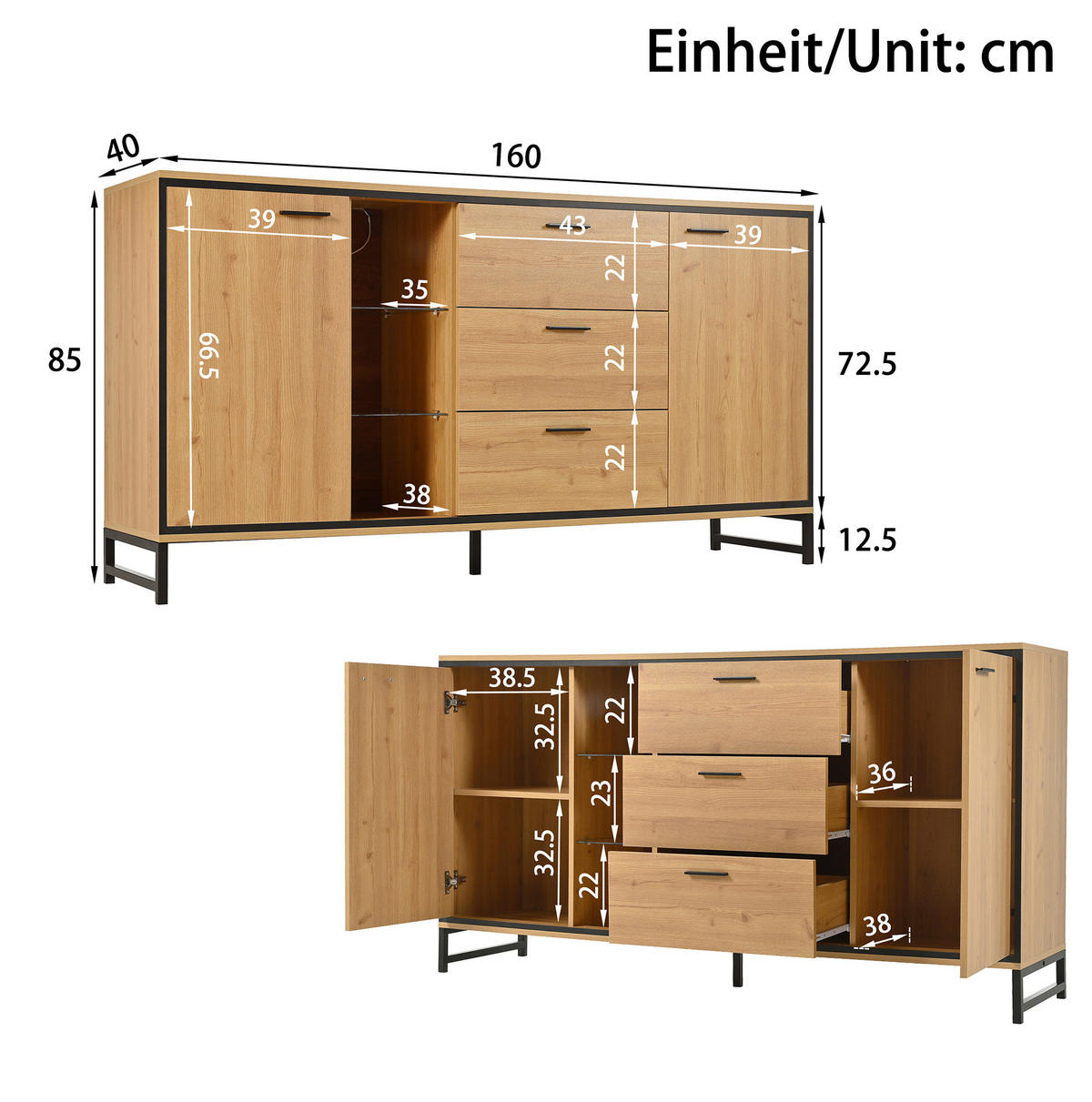 KOMMODE aus Spanplatte 160x40x85cm in Natur mit 16-farb LED - Naturfarben, Holzwerkstoff (160/85/40cm) - Modfu