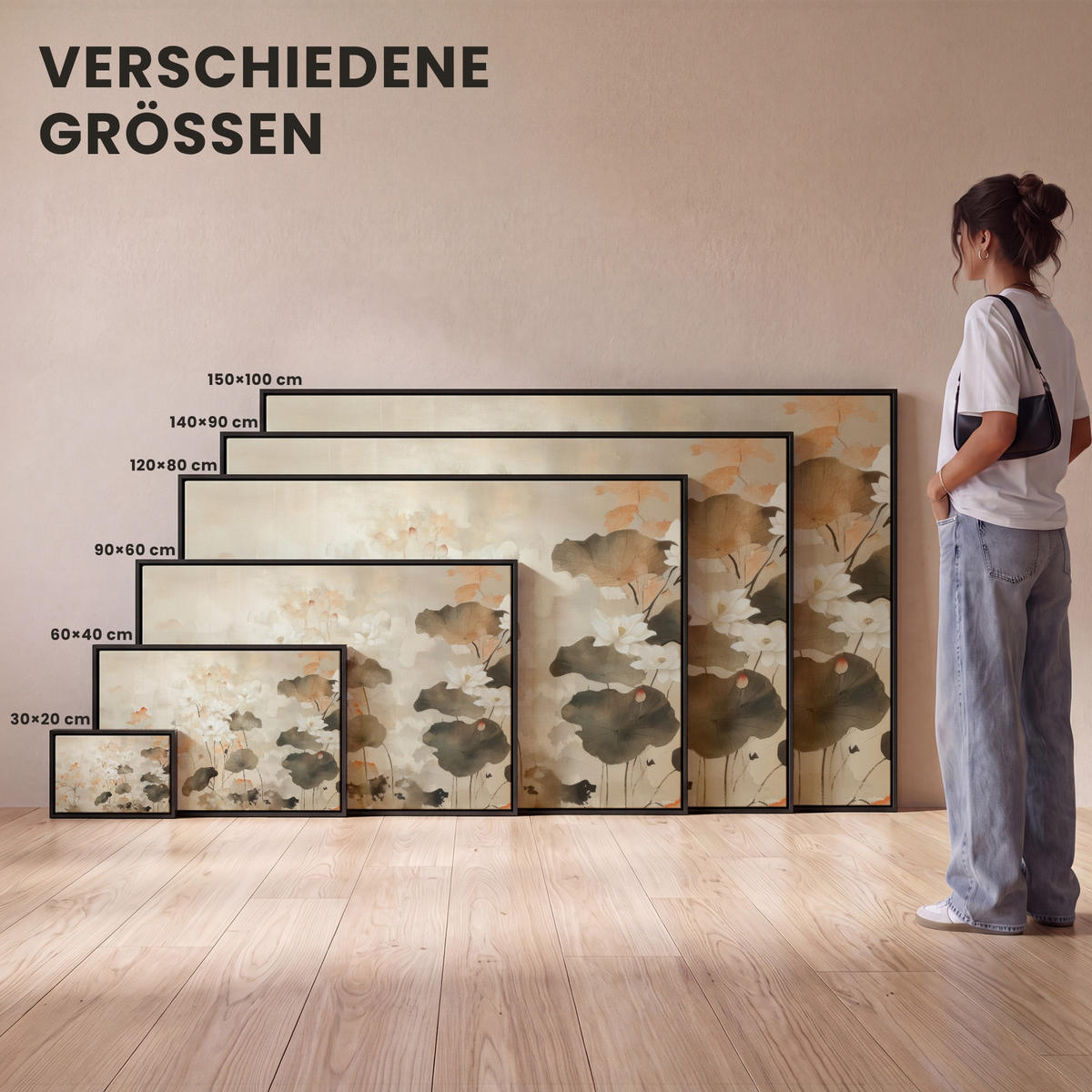 LEINWAND Bilder mit Rahmen - Blumen - Japandi - Wabi sabi - 140x90 - Sandfarben, Textil (140/90cm) - MuchoWow