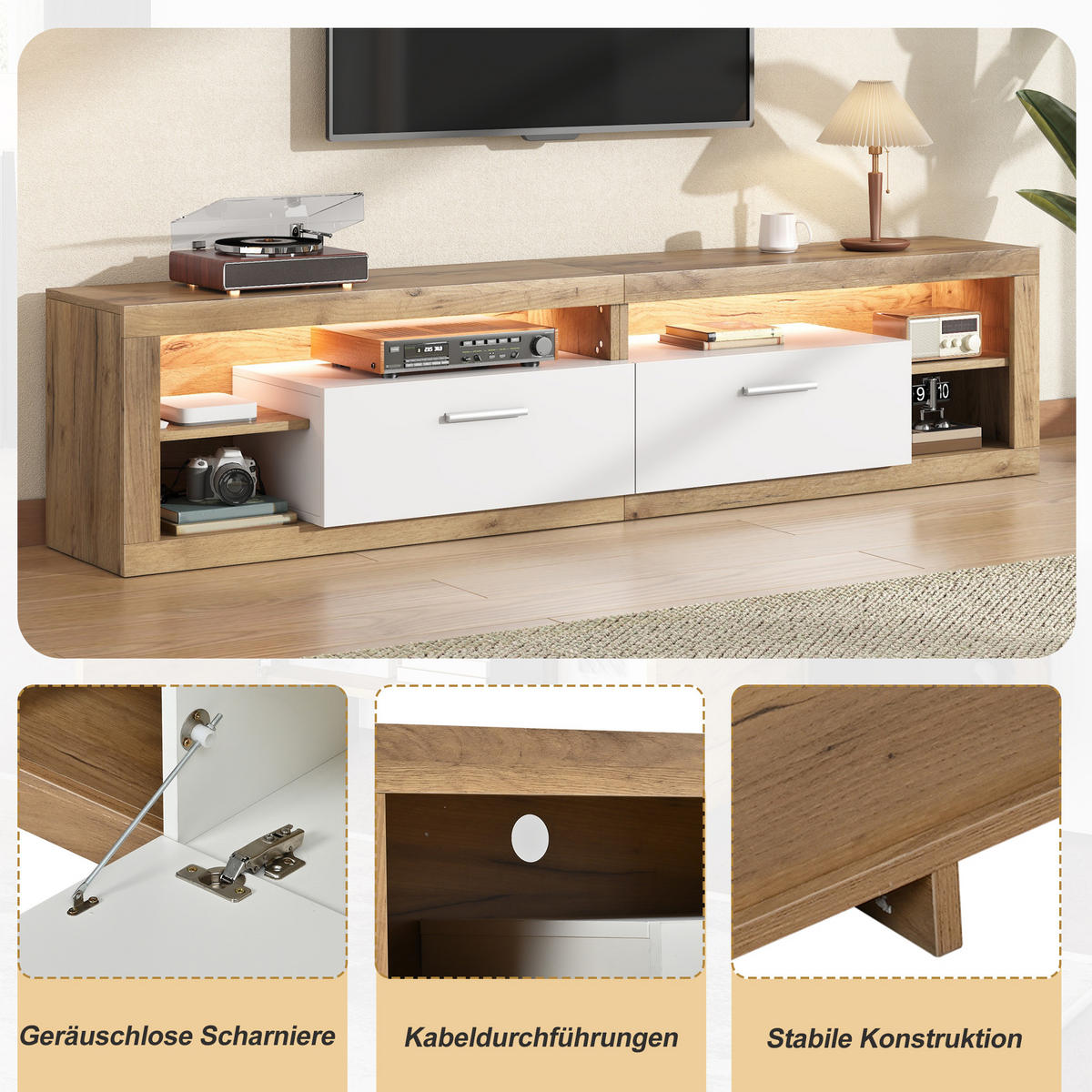 LOWBOARD in Naturfarben und Weiß mit LED und 2 Schubladen für Wohnzimmer, B180/T35.5/H50 cm - Naturfarben, Holzwerkstoff (180/50/35.5cm) - STILVORA