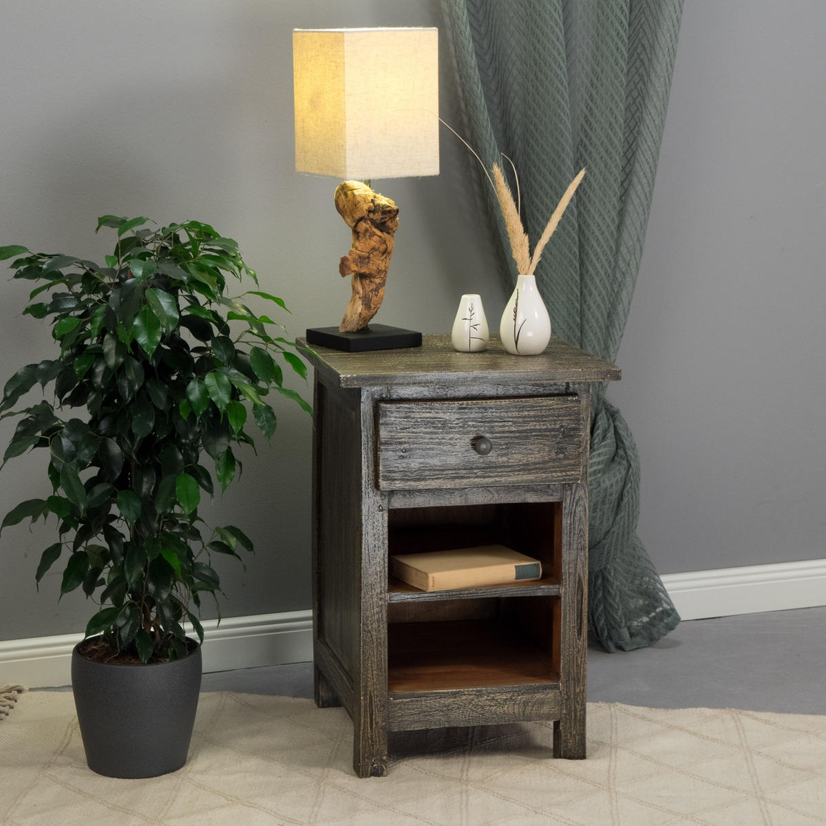 NACHTTISCH Ben Mahagoni Massivholz, mit Schublade und 2 Fächern rustic braun - Braun, Holz (38/55/38cm) - CREEDWOOD