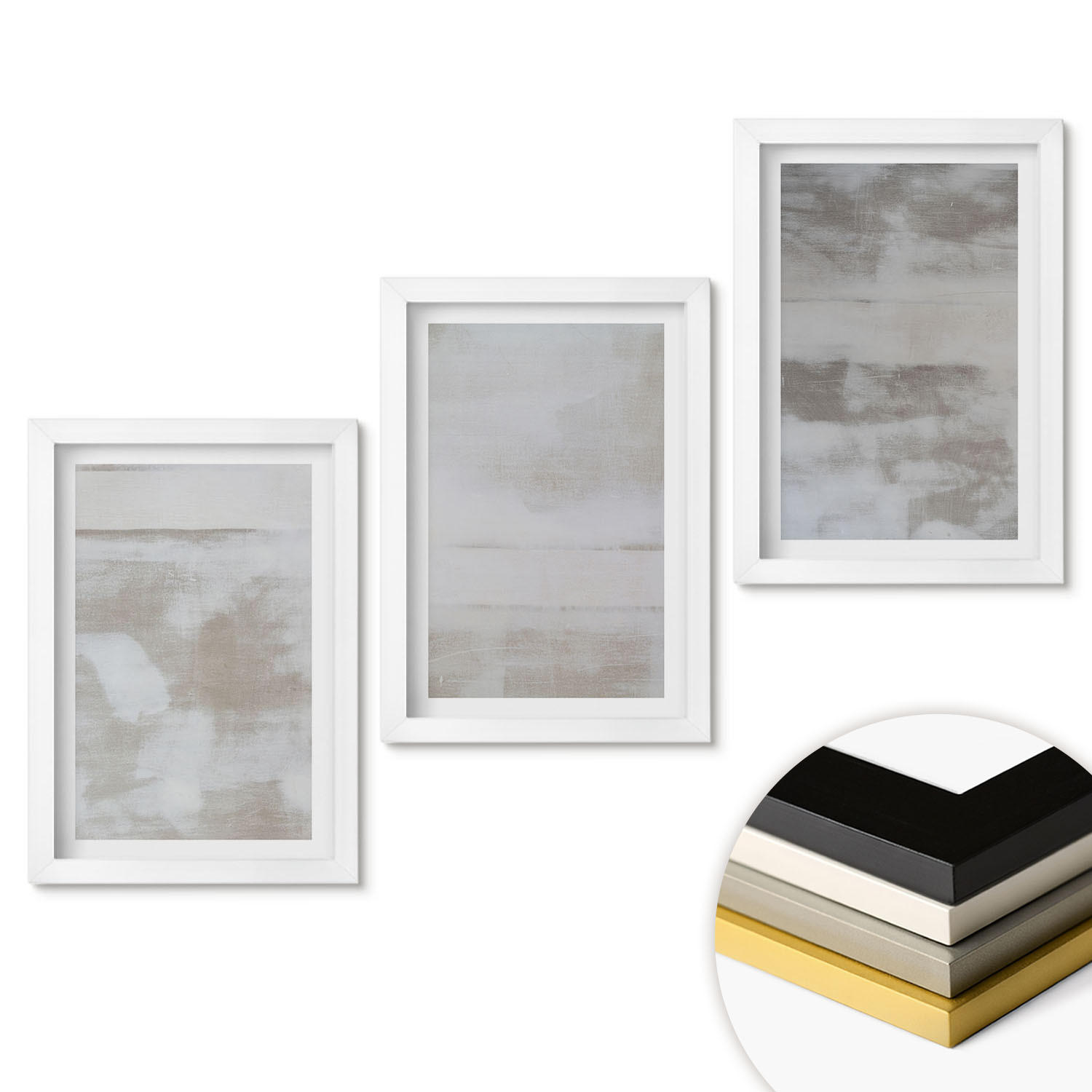 WANDBILDER 3er-Set - 20x30 cm Weißer Rahmen - Moderne, Used-Look-Texturen - Weiß, Kunststoff (20/30cm) - ArtPrintCave
