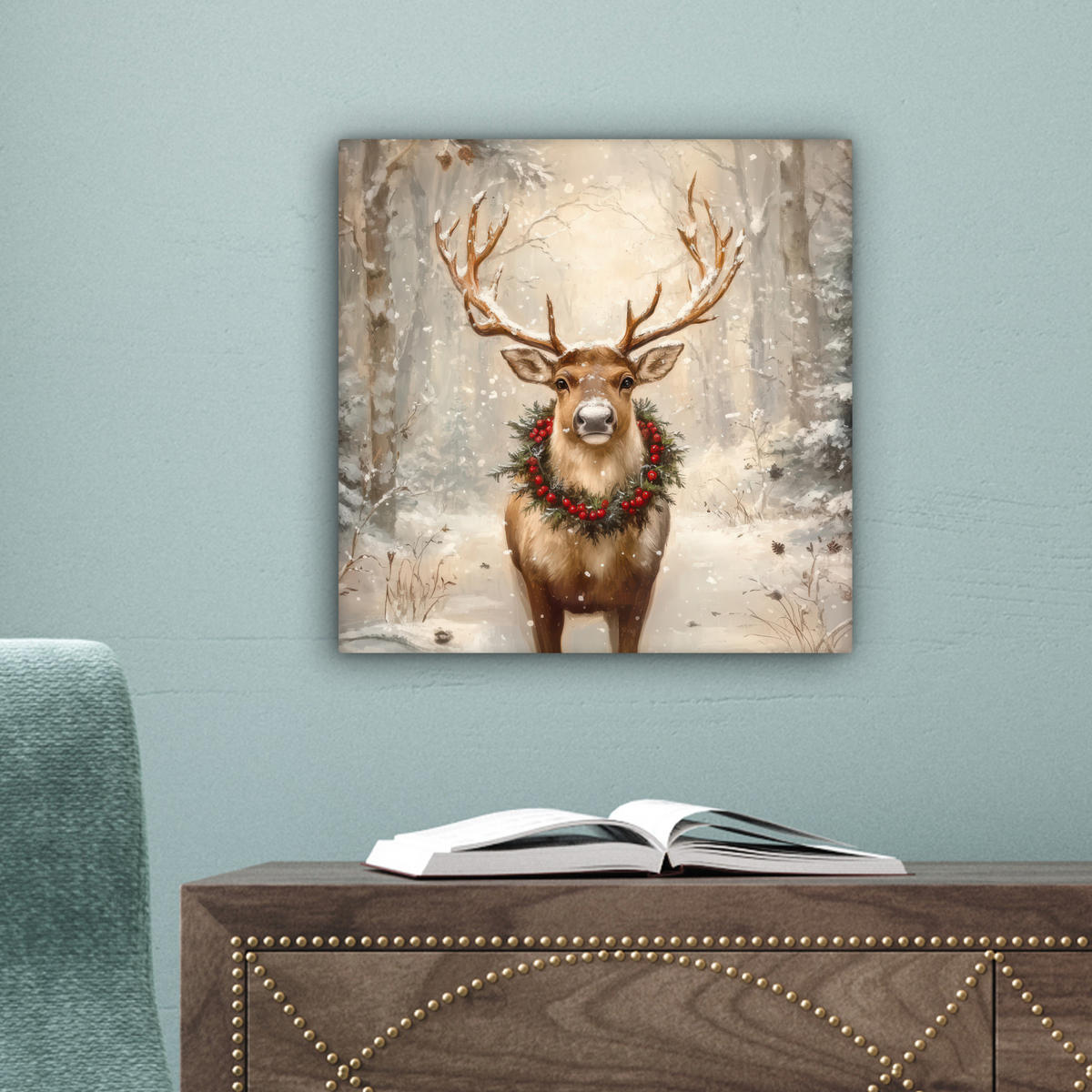 LEINWANDBILD Weihnachten - Rentier - Winter - Kranz 20x20 cm - Naturfarben, Textil (20/20cm) - MuchoWow