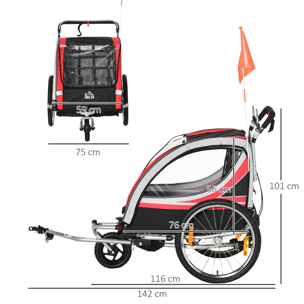 KINDERANHÄNGER, Kinderfahrradanhänger, Rot - Rot, Metall (75/101/142cm) - HOMCOM