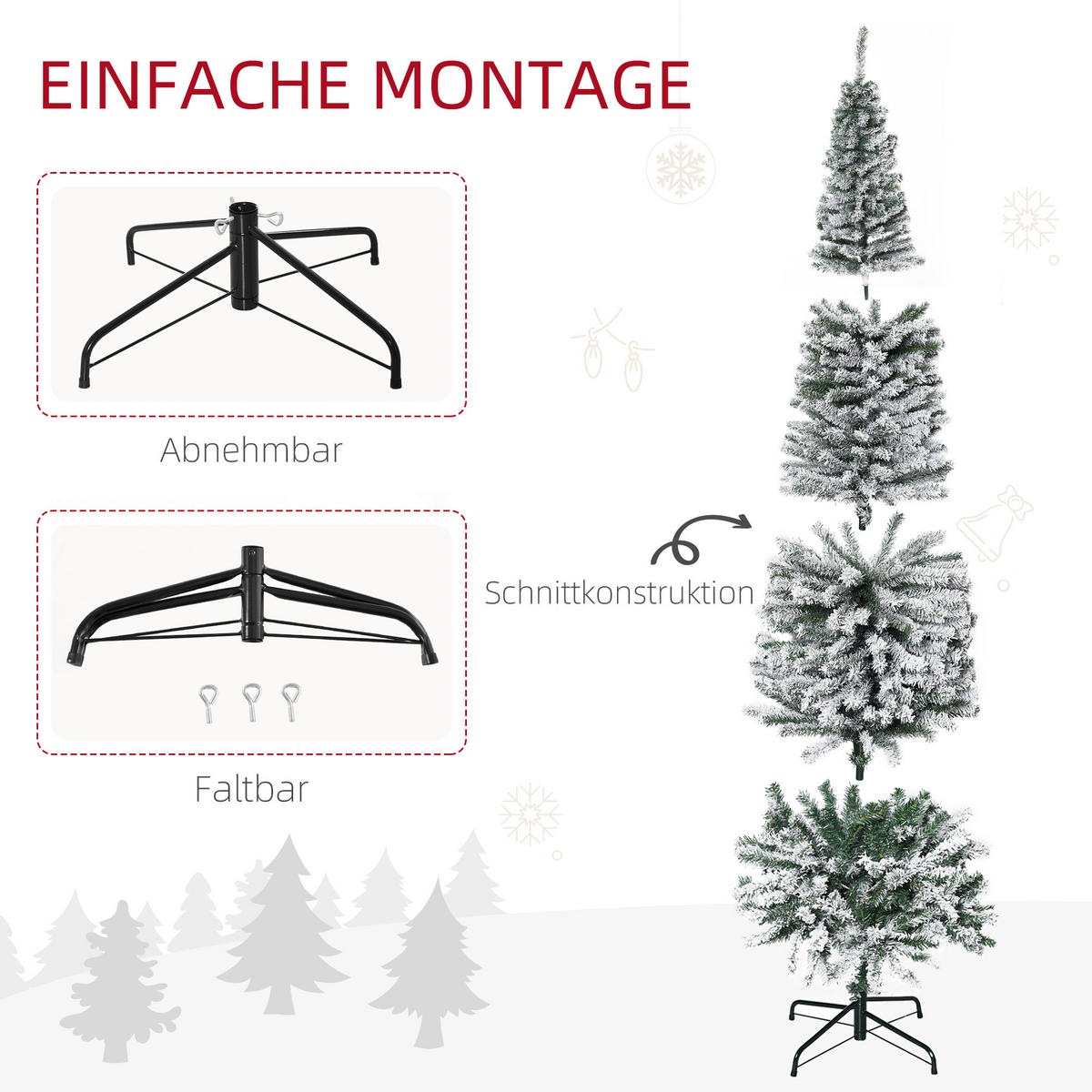 KÜNSTLICHER-WEIHNACHTSBAUM, 225 cm Bleistift Kiefernbaum mit Schnee 738 Spitzen - Grün, Kunststoff (225cm) - HOMCOM