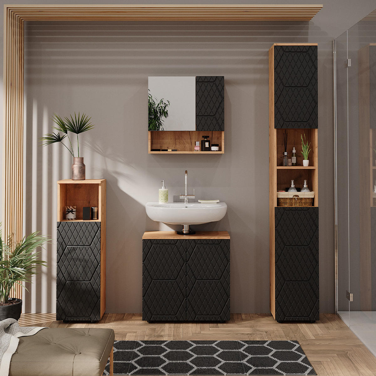 BADMÖBEL-SET Irma Anthrazit gestreift 4 Teile, mit Hochschrank - Honigeiche/Anthrazit, Holzwerkstoff (80/58.6/41cm) - Vicco