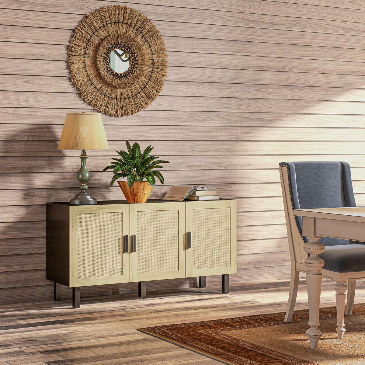 SIDEBOARD DE-11149 3 Korb-Türen Schwarz/Naturholz - Schwarz, Holzwerkstoff (136/70/41cm) - ComfortXL