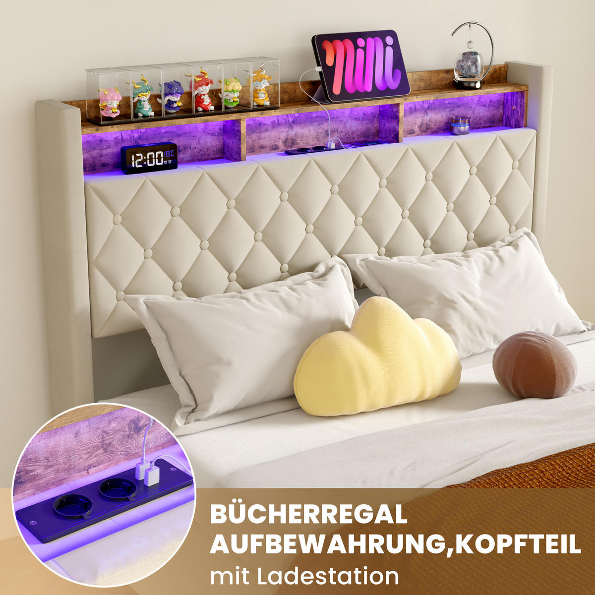 POLSTERBETT 160/200 cm Beige mit LED-Lichtleiste und USB-Anschlüssen - Beige, Holzwerkstoff (160/200cm) - OKWISH