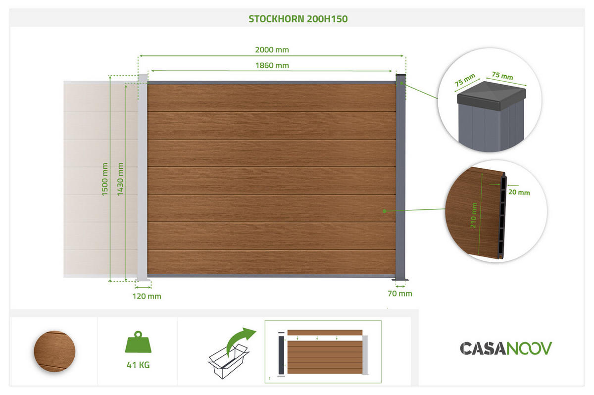 ERWEITERUNGSSET für Verbundzaun 2 m STOCKHORN, H. 150 cm, auf Teakholz-Sockel - Braun, Holzwerkstoff (200/150cm) - Casanoov