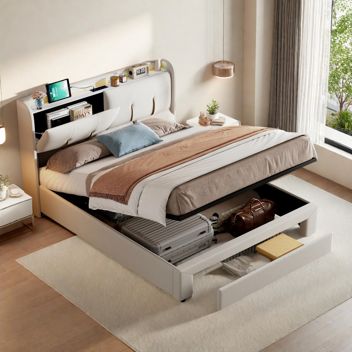 POLSTERBETT 140x200 cm mit Stauraum, LED, USB, Schubladen, Beige - Beige, Metall (140/200cm)