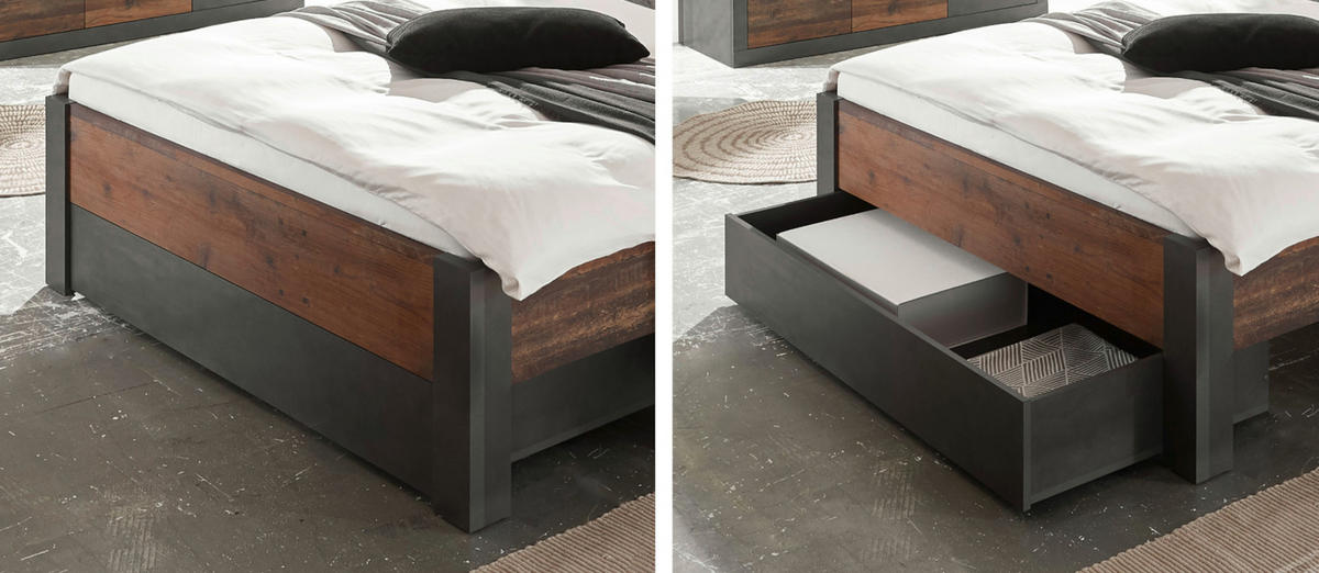 BETT Old Used Wood Shabby Design mit grau, Kopfteil gepolstert, Einzelbett, Liegefläche 140 x 200 cm - Dunkelgrau/Braun, Holzwerkstoff (140/200cm) - Furn.Design