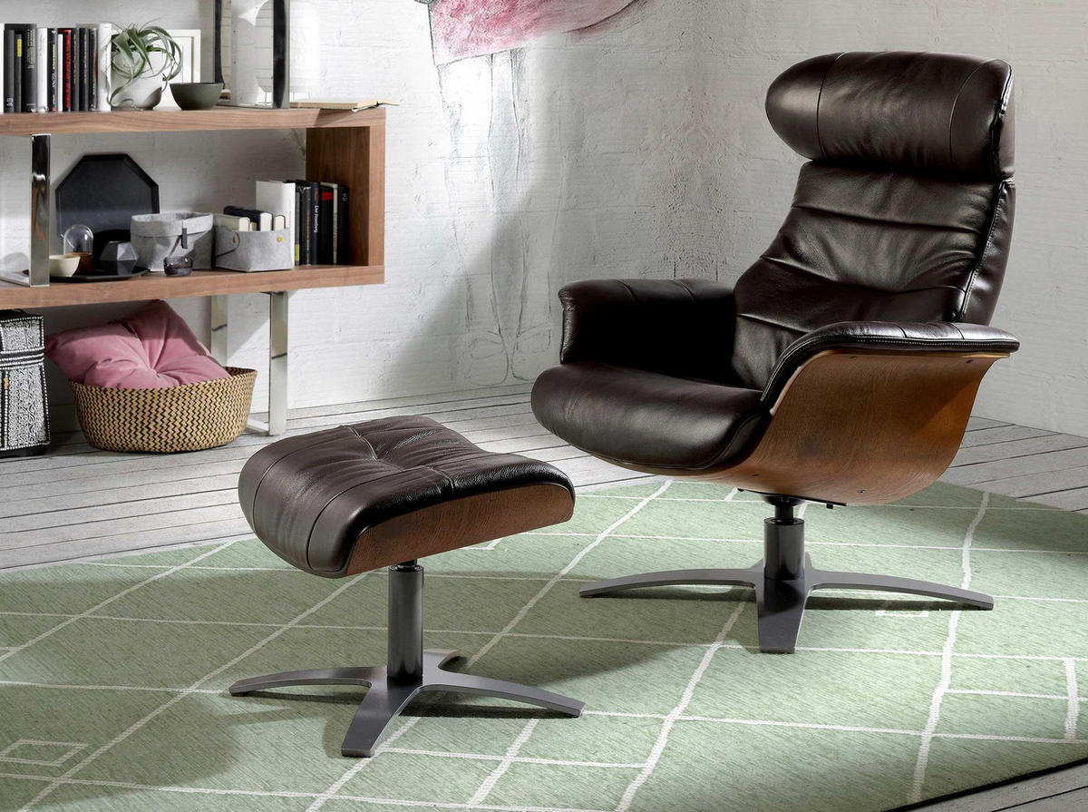 FUSSBANK Hocker aus schokoladenbraunem Leder 52/42/39 cm - Kastanienfarben/Dunkelgrau, Leder/Metall (52/39/42cm) - ANGEL CERDA