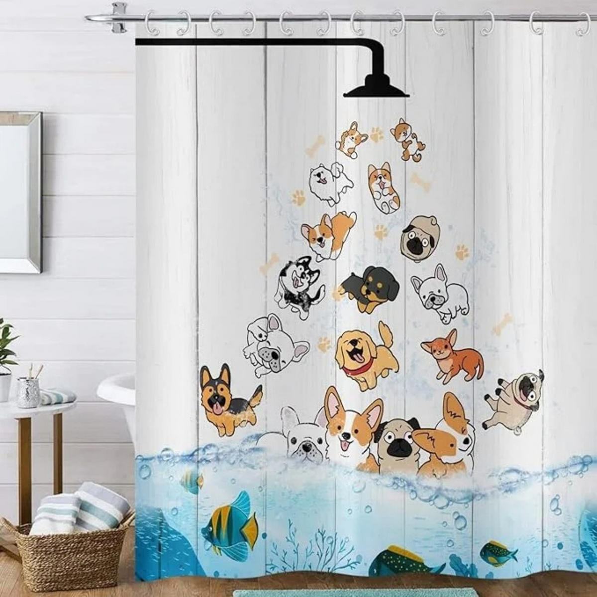 DUSCHVORHANG Bunt Hund und Fisch Ozean rustikal Holz Badewanne wasserdicht - Weiß, Textil (180/180cm) - MCBOSON