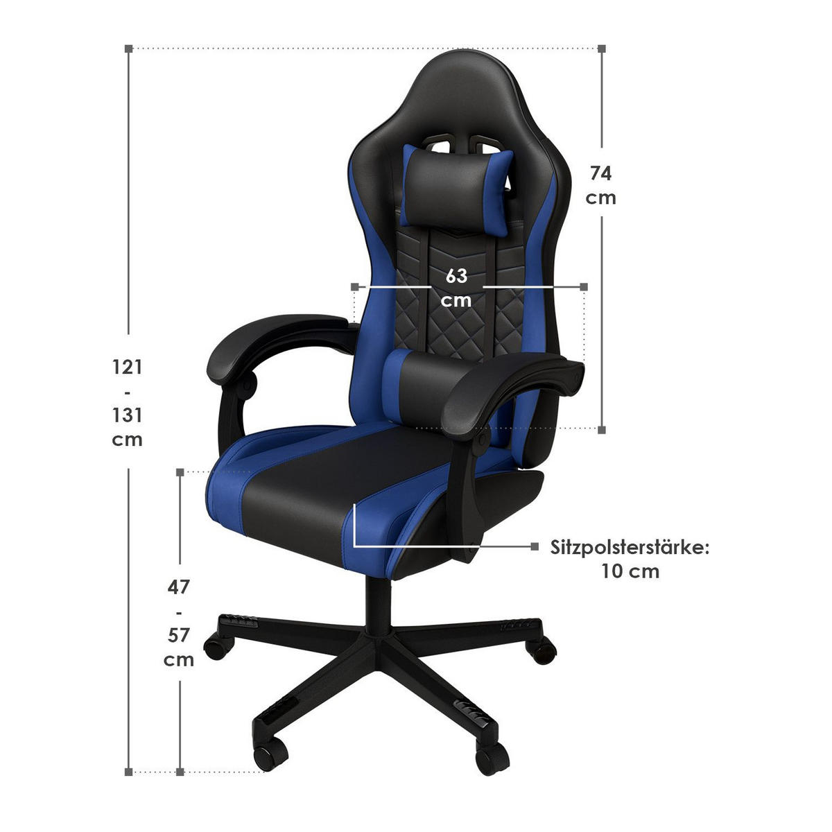 GAMINGSTUHL HyperSeat schwarz/blau - Blau, Kunststoff (63/131/121cm) - Juskys