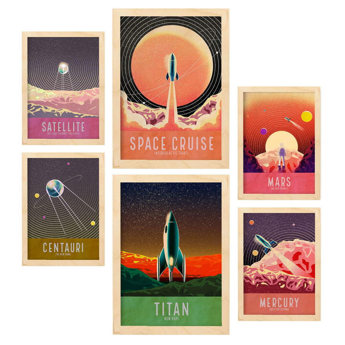 POSTER Set Mit 6 Planetarium Sammlung A3 & A4 Rahmen Aus Hellem Holz - Beige, Papier (29/3cm) - Nacnic