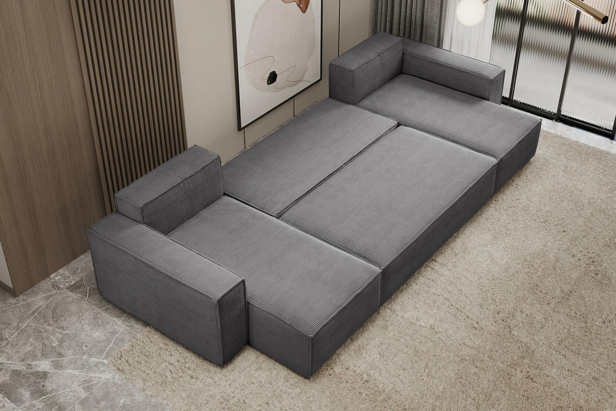 WOHNLANDSCHAFT Hugo U-Form Cordstoff mit Schlaffunktion und Bettkasten - Dunkelgrau, Textil (312/83/142cm) - VENASI MÖBEL