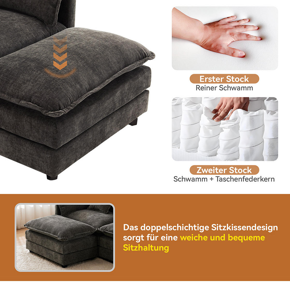 ECKSOFA in Dunkelgrau Chenille-Stoff mit Fußstütze - Dunkelgrau, Kunststoff/Textil (147/283cm) - KOMHTOM