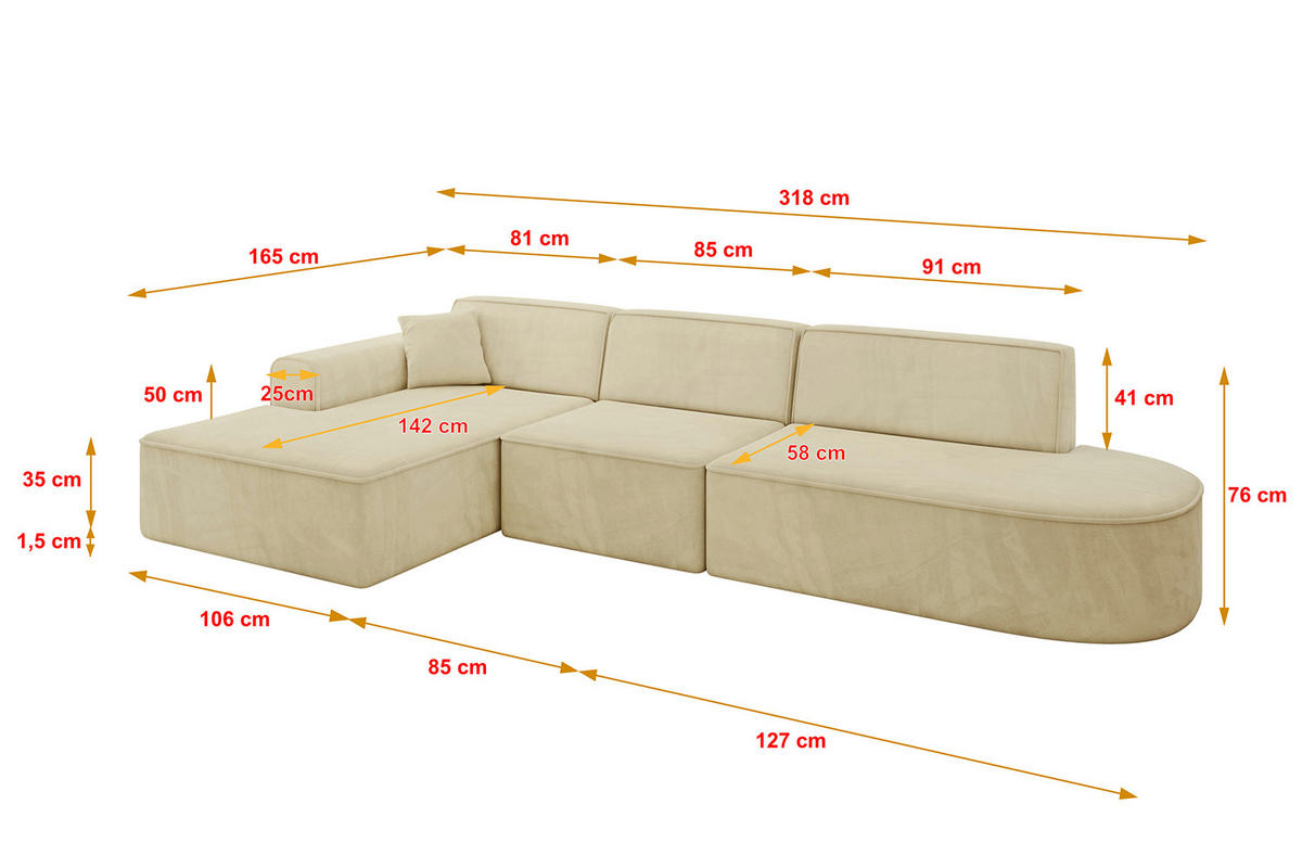 ECKSOFA Ottomane Links IREA-L2-v3 - 318x165x76 cm Beige - Ecru/Beige, Holzwerkstoff/Textil (318/165cm) - ALTDECOR