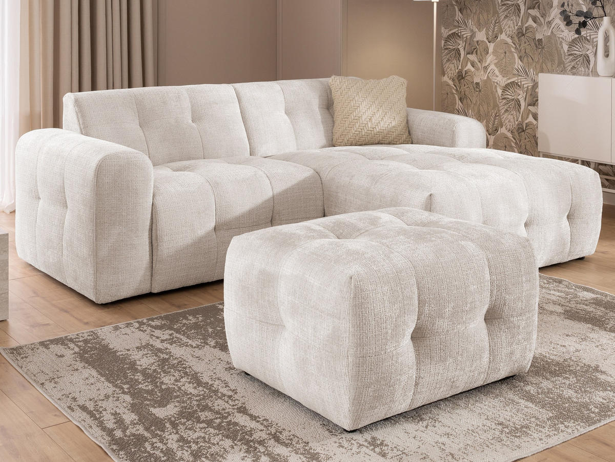 ECKSOFA inkl. Hocker Kozy im Bumpy-Design mit Schlaffunktion und fester Rückenlehne aus weichem Beige Chenille-Stoff - Ottomane rechts - Beige/Creme, Holz/Kunststoff (234/161cm) - S-Style Möbel