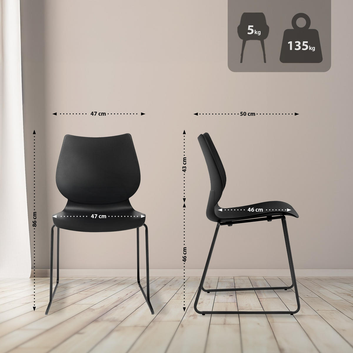 BESUCHERSTUHL Kunststoff Schwarz - Schwarz, Kunststoff/Metall (47/86/50cm) - CLP