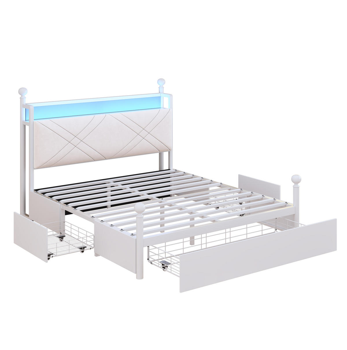 POSTEL s nebesy 140/190 cm bílá z kovu s LED osvětlením USB/Type-C a úložným prostorem - bílá, kov (140/190cm) - OKWISH