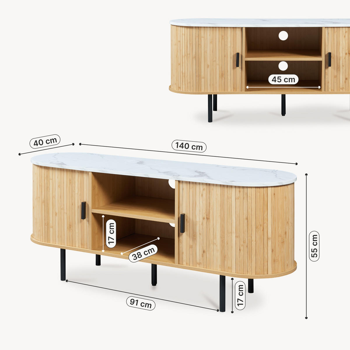 TV-ELEMENT Tvedestrand - Schwarz/Weiß, Holzwerkstoff/Metall (140/55/40cm) - [en.casa]