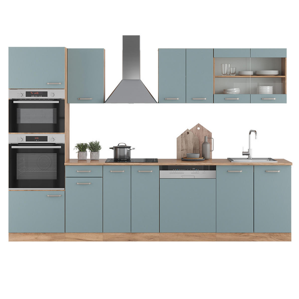 KÜCHENZEILE R-Line Blau-Grau/Goldkraft Eiche 300 cm mit Hochschrank AP Marmor - Eiche Wotan/Blaugrau, Holzwerkstoff (300/81.6/60cm) - Vicco
