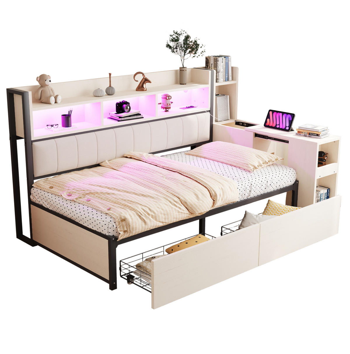 MULTIFUNKTIONSBETT aus Metall und Holz 90x200 cm Weiß/Holzfarbe mit Schreibtisch, Steckdosen, LED und viel Stauraum - Weiß, Metall (90/200cm) - Modfu