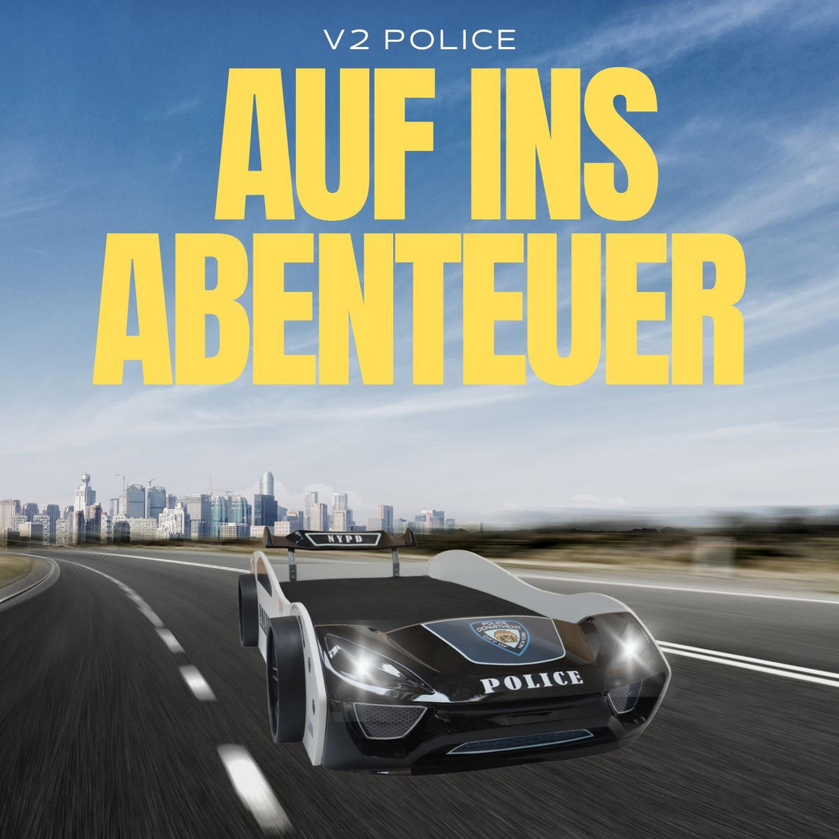 AUTOBETT POLICE Kinderbett mit Lattenrost 260/109/60 cm - Weiß, Holzwerkstoff (90/200cm) - Coemo