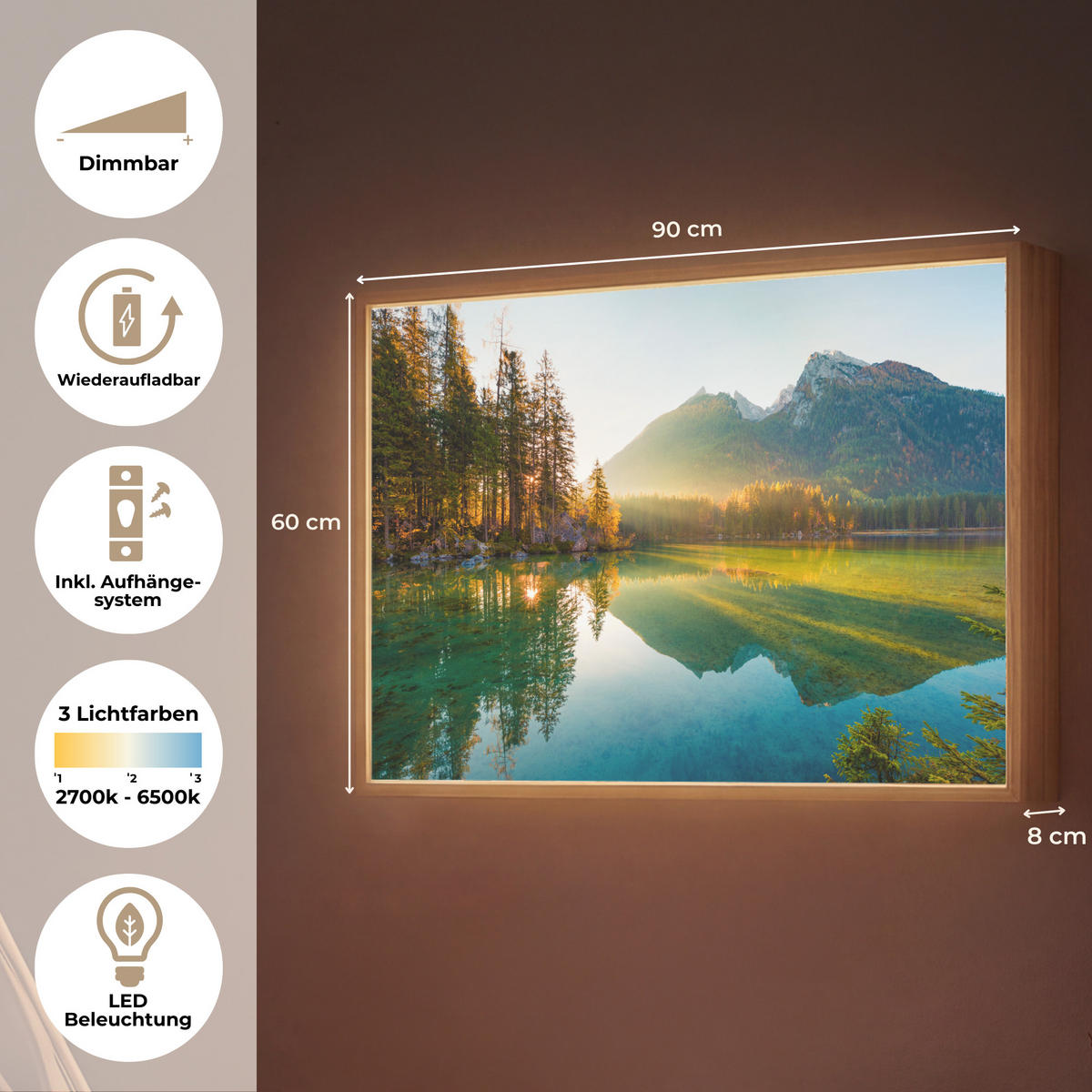 WANDLEUCHTE MIT AKKU See - Wald - Berge - Natur - Sonne - Landschaft 90x60 cm - Grün, Holzwerkstoff (90/60/8cm) - OnlyWow