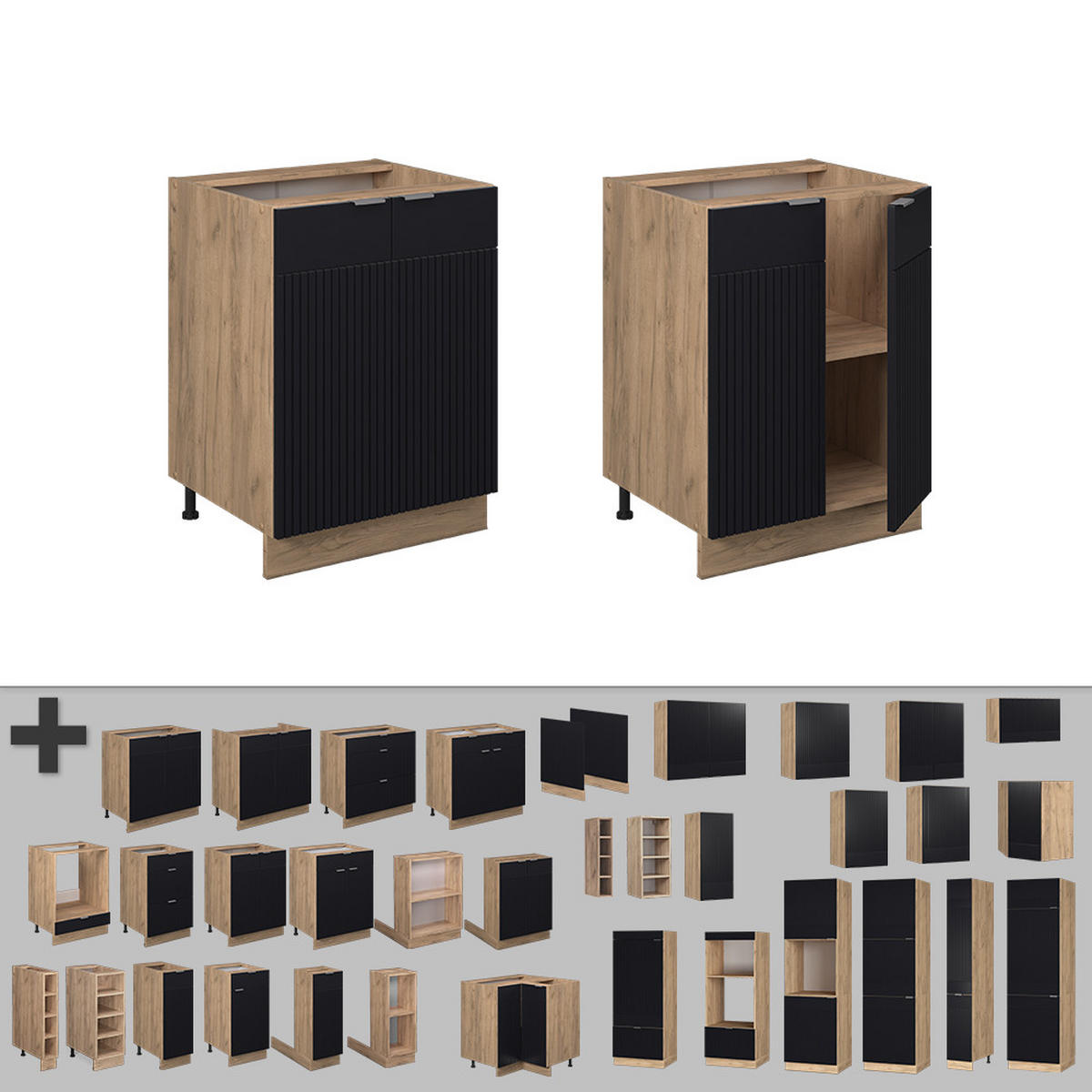 KÜCHENUNTERSCHRANK Fame-Line, Schwarz gestreift, 60 cm ohne Arbeitsplatte - Honigeiche/Eiche Wotan, Holzwerkstoff (60/82/51.6cm) - Vicco