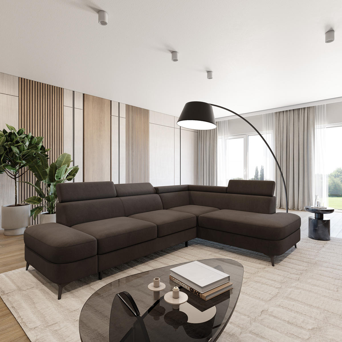 ECKSOFA AVISE MV R-S Braun Velours-Stoff mit Schlaffunktion - Braun, Holzwerkstoff/Textil (268/195cm) - MASSENO