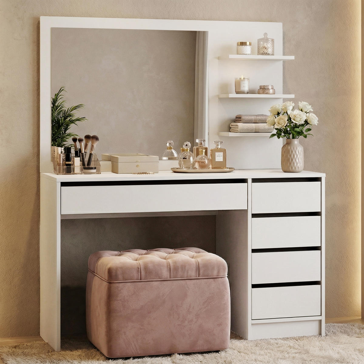 SCHMINKTISCH Malta mit 5 Schubladen, mit Spiegel, grifflos, Weiß - Weiß, Holzwerkstoff (120/145.5/57cm) - Beautysofa