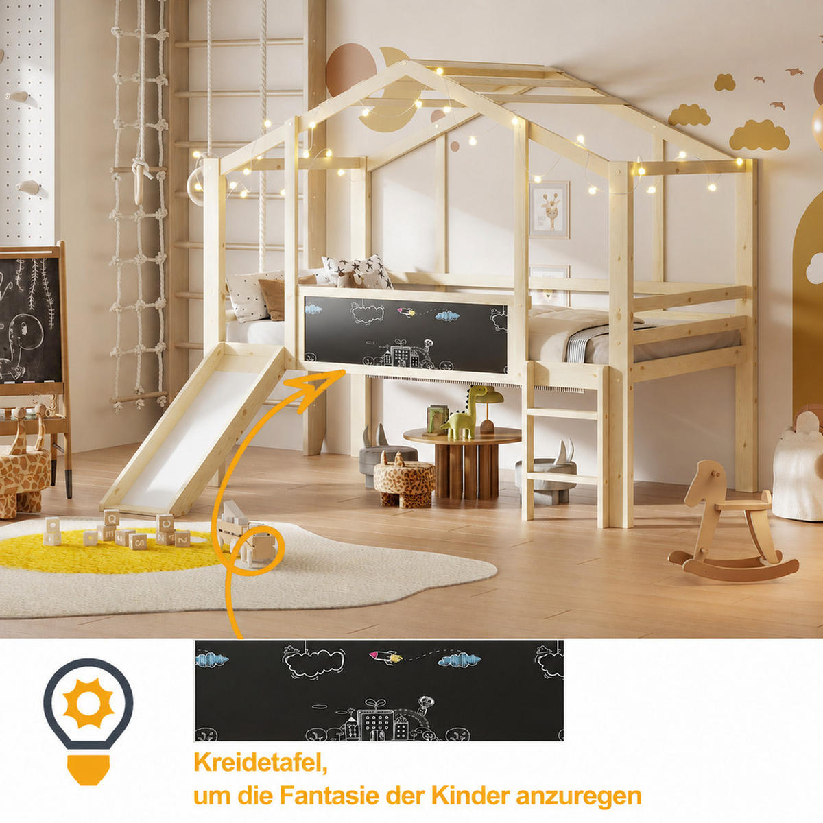HOCHBETT 90/200 cm Naturholz mit Sicherheitsleiter, Sicherheitsrutsche und Graffiti-Tafel - Naturfarben, Holz (90/200cm) - Oxeza